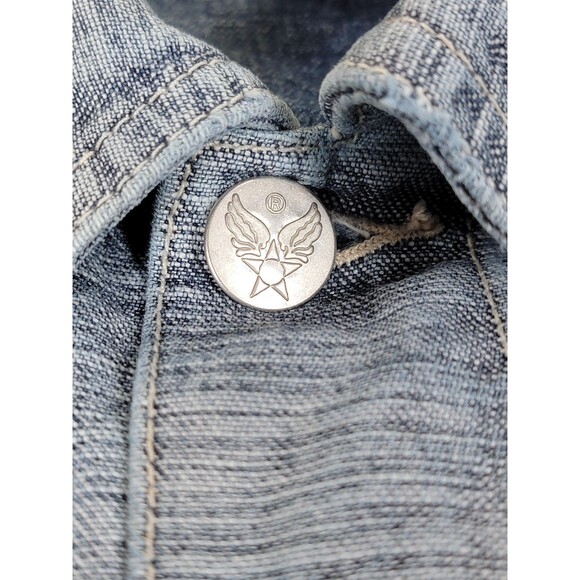 Avirex Denim Jacket Mens 2XL Blue Tribal Sleeve Graphic Button Up Distressed - Picture 4 of 15